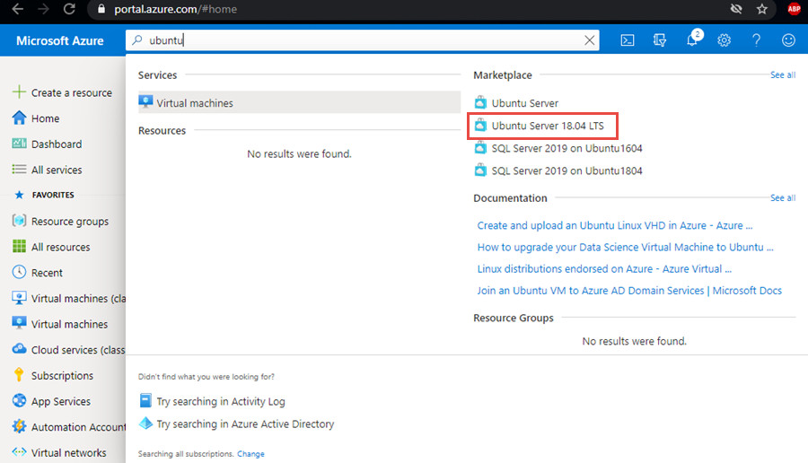 Suchen nach dem Ubuntu-Serverimage im Azure-Portal