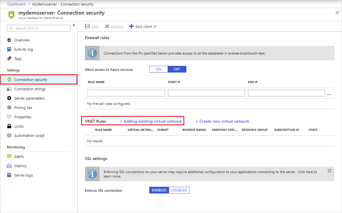 Azure-Portal – Klicken auf „Verbindungssicherheit“