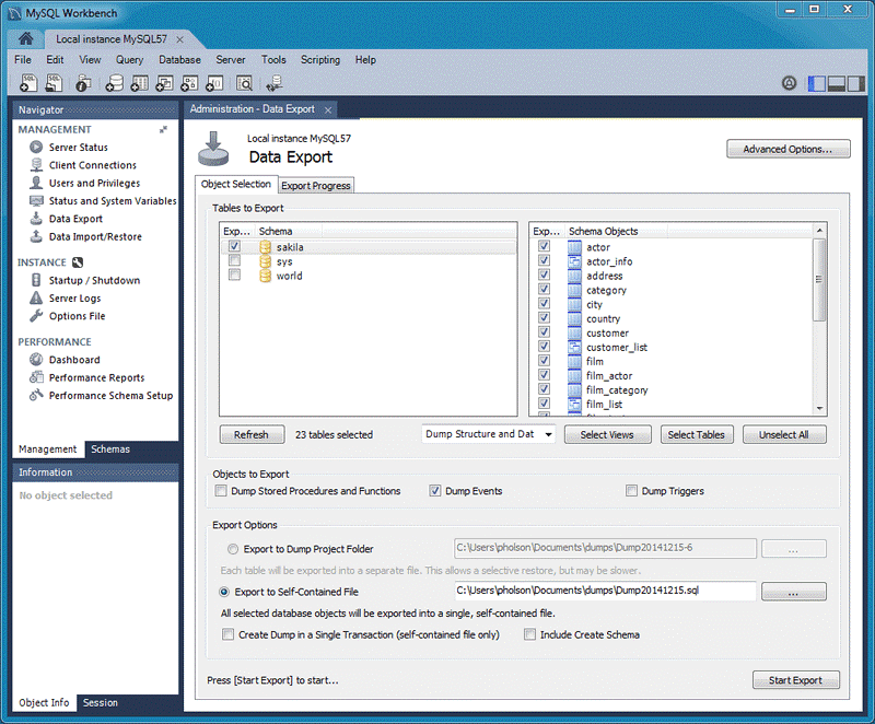 Screenshot der Verwendung des Navigatorbereichs zum Anzeigen des Bereichs „Data Export“ (Datenexport) in MySQL Workbench.