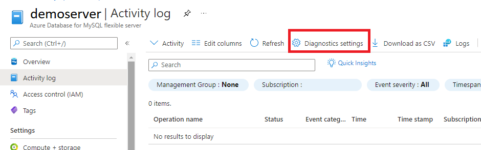 Screenshot: Registerkarte „Diagnoseeinstellungen“ im Azure Monitor-Bereich „Aktivitätsprotokoll“