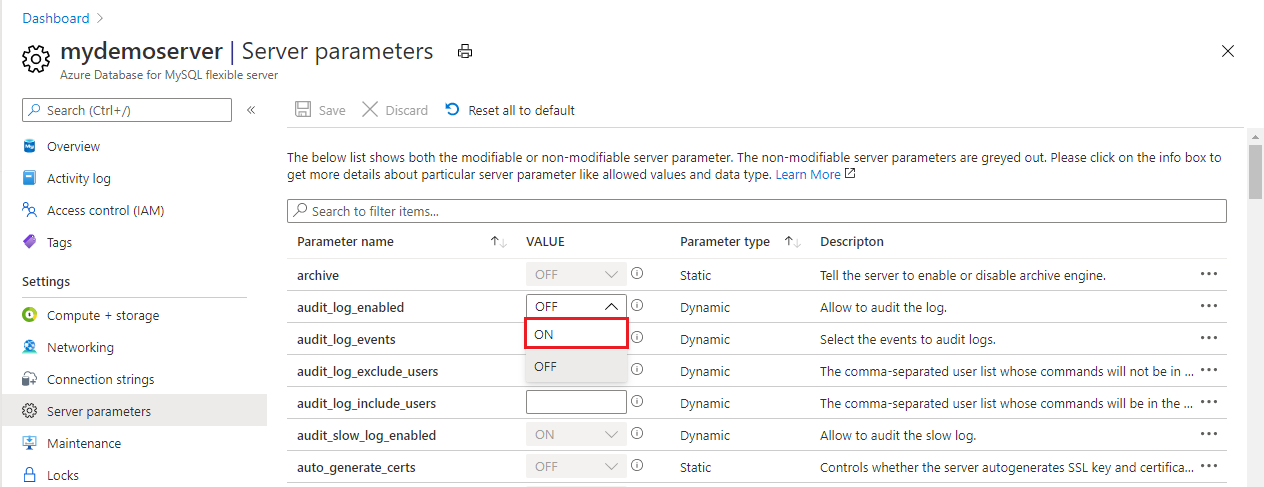 Screenshot: Auf „ON“ festgelegter Parameter „audit_log_enabled