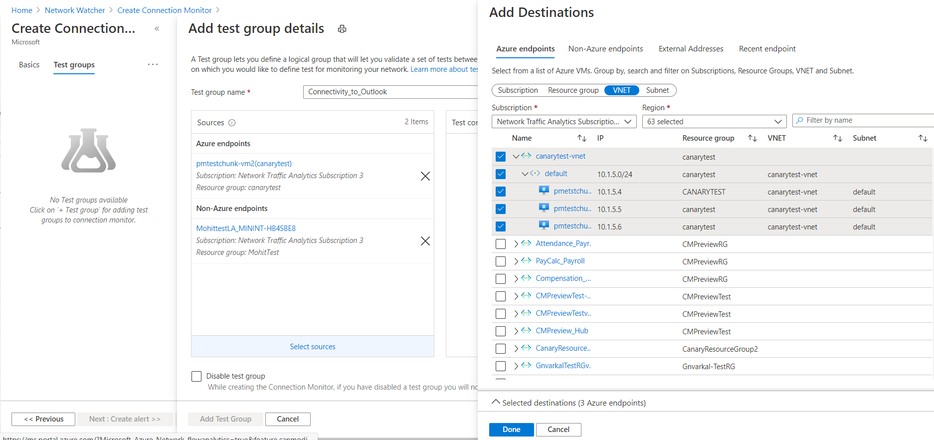 <Screenshot: Bereich „Ziele hinzufügen“ und Registerkarte „Azure-Endpunkte“>