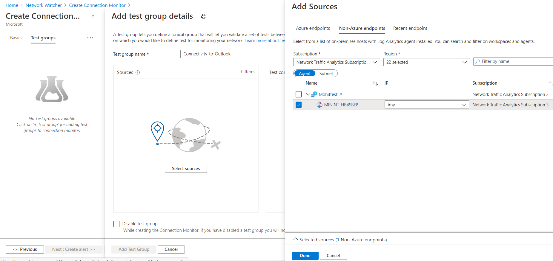 Screenshot der Bereiche „Quellen hinzufügen“ und „Nicht-Azure-Endpunkte“ in Verbindungsmonitor