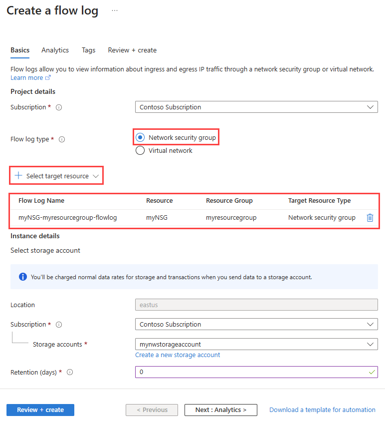 Screenshot: Erstellen eines NSG-Datenflussprotokolls im Azure-Portal.