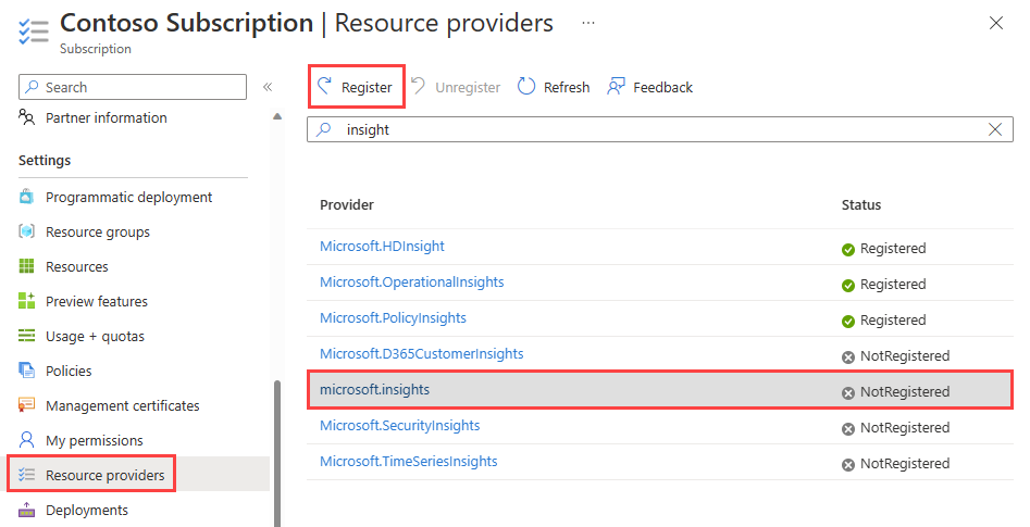 Screenshot des Registrierens des Anbieters „Microsoft.Insights“ im Azure-Portal.