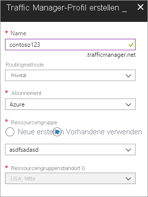 Screenshot der Erstellung eines Traffic Manager-Profils