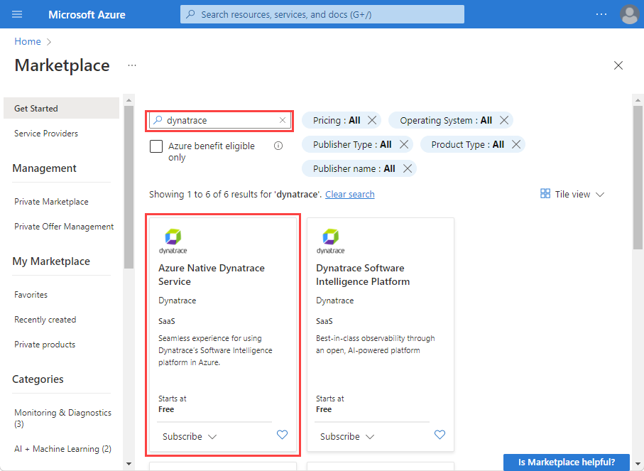 Screenshot des Azure Native Dynatrace Service-Angebots