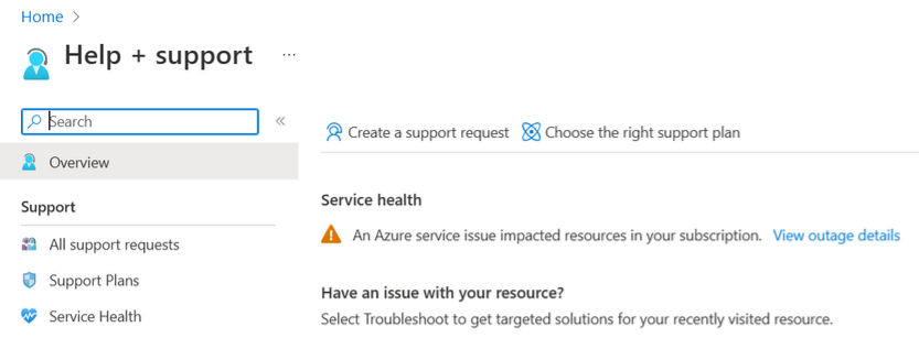 Screenshot: Benachrichtigungen unter „Hilfe + Support“ im Azure-Portal.