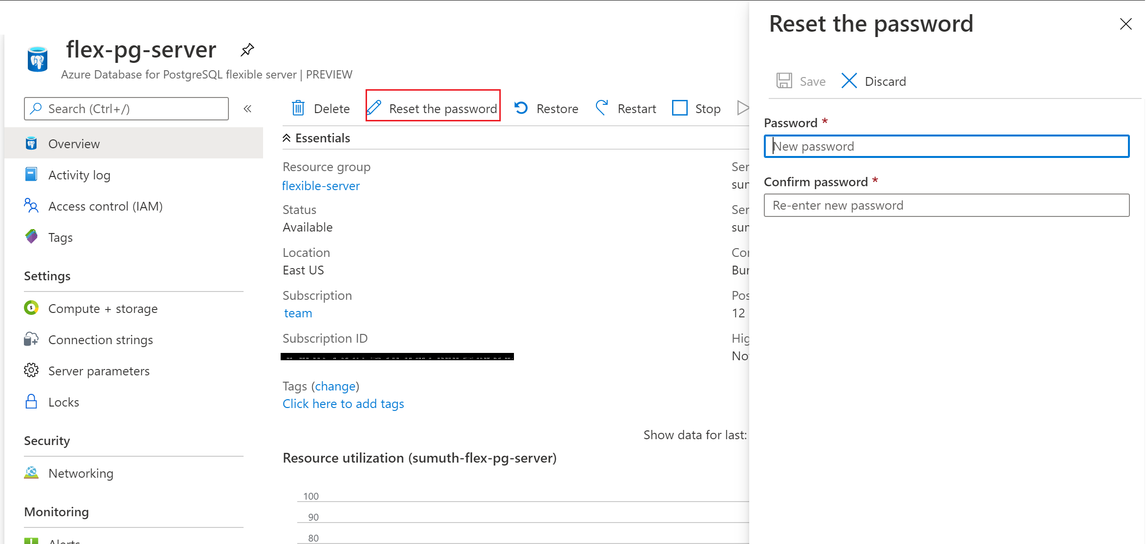 Setzen Sie Ihr Kennwort für Azure Database for PostgreSQL-Flexible Server zurück.