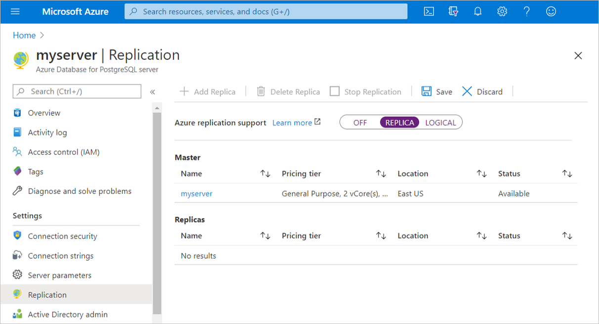 Azure Database for PostgreSQL – Replikation – Replikat festlegen und speichern