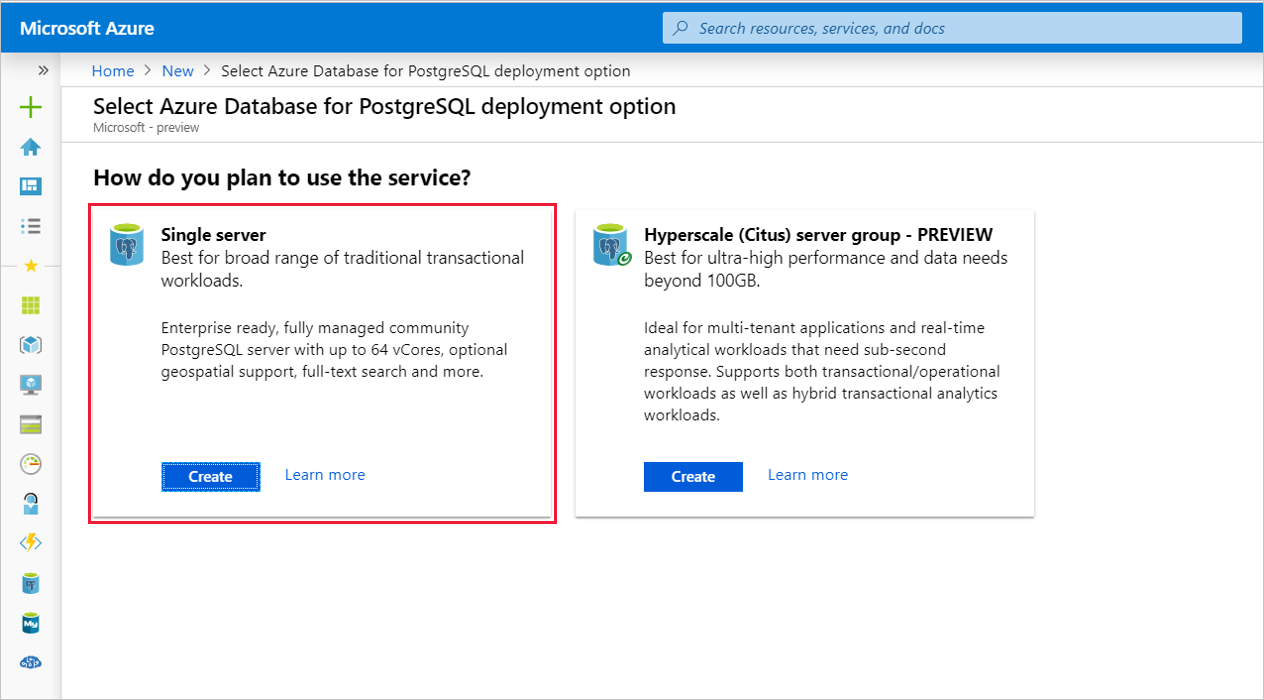 Auswählen der Bereitstellungsoption „Einzelserver“ für Azure Database for PostgreSQL