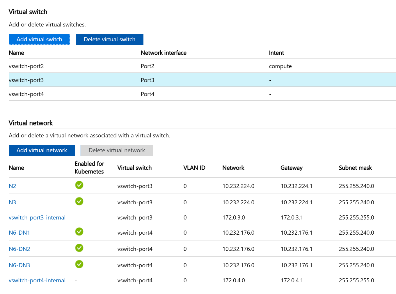 Screenshot: Erweitertes Networking mit einer Tabelle mit Informationen zu virtuellen Switches und einer Tabelle mit VNet-Informationen