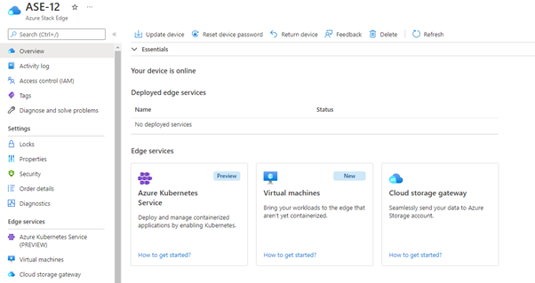 Screenshot: Azure Stack Edge-Ressource im Azure-Portal. Im linken Menü wird unter „Edgedienste“ die Option „Azure Kubernetes Service (VORSCHAU)“ angezeigt.