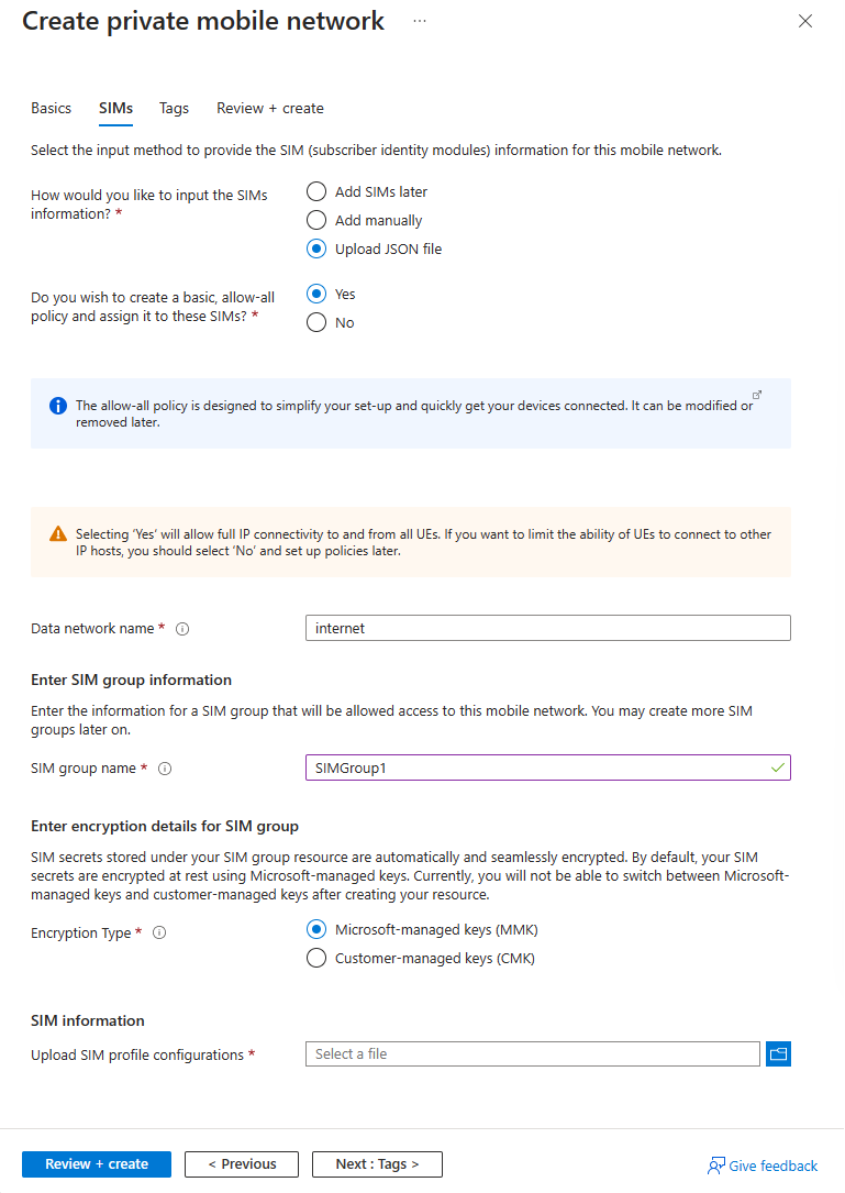 Screenshot des Azure-Portals mit der SIMs-Konfigurationsregisterkarte.