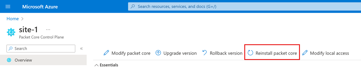 Screenshot: Option „Packet Core neu installieren“ im Azure-Portal