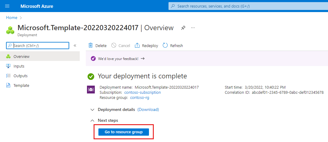 Screenshot: Azure-Portal mit einer Bereitstellungsbestätigung für die ARM-Vorlage