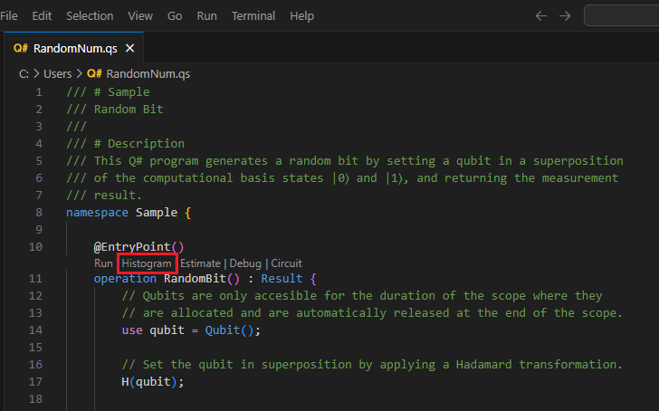 Screenshot der Q#-Datei in Visual Studio Code, der zeigt, wo das Codeobjektiv mit histogramm-Befehl gefunden werden soll.