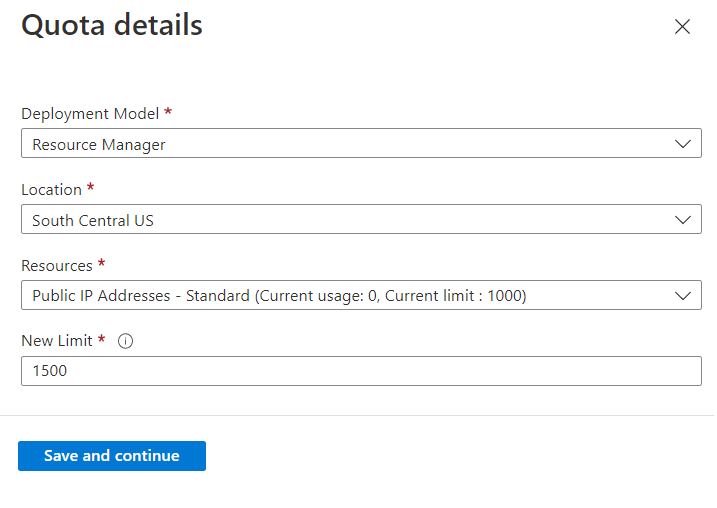 Screenshot des Kontingentdetailbereichs für die Anfrage für die Netzwerkkontingenterhöhung