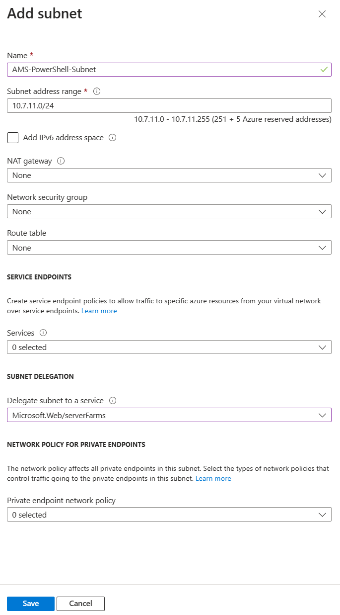 Screenshot der Erstellung eines Subnetzes für Azure Monitor für SAP-Lösungen.