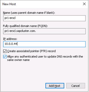 Abbildung 1A: Festlegen des DNS-Eintrags für den virtuellen SAP ASCS/SCS-Clusternamen und der TCP/IP-Adresse