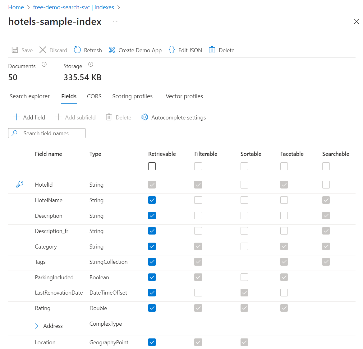 Screenshot that shows the schema definition for an index in the Azure AI Search service in the Azure portal.