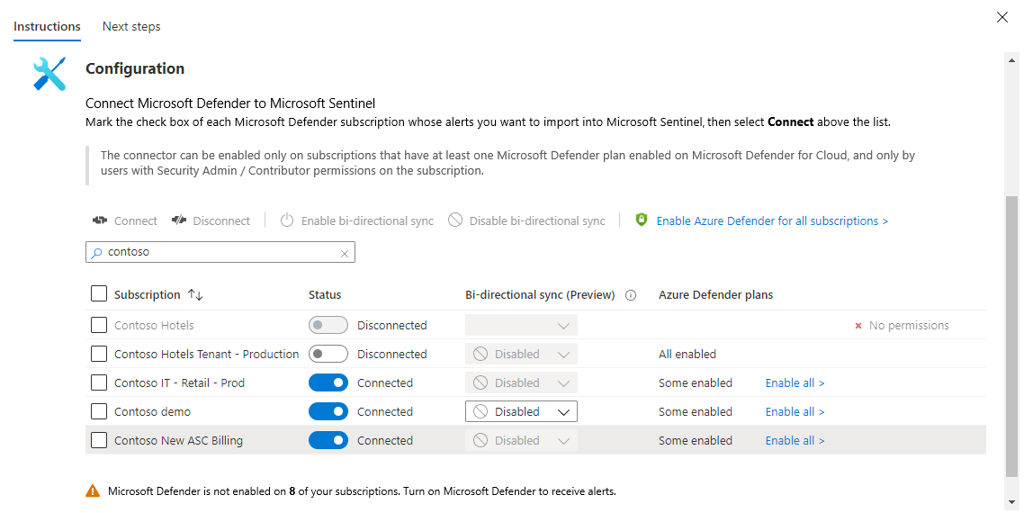 Screenshot der Konfiguration des Microsoft Defender für Cloud-Konnektors