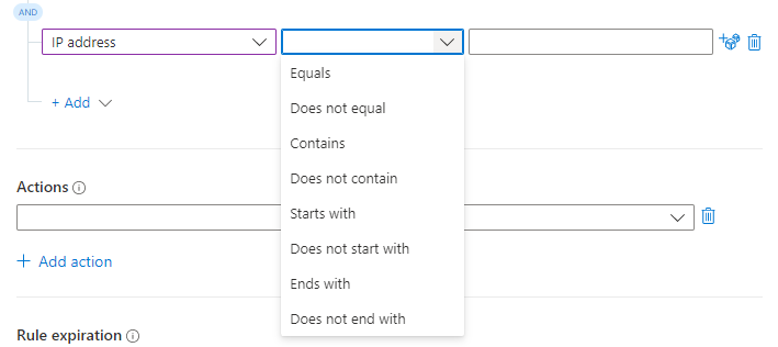 Screenshot der Auswahl eines Bedingungsoperators für Automatisierungsregeln.