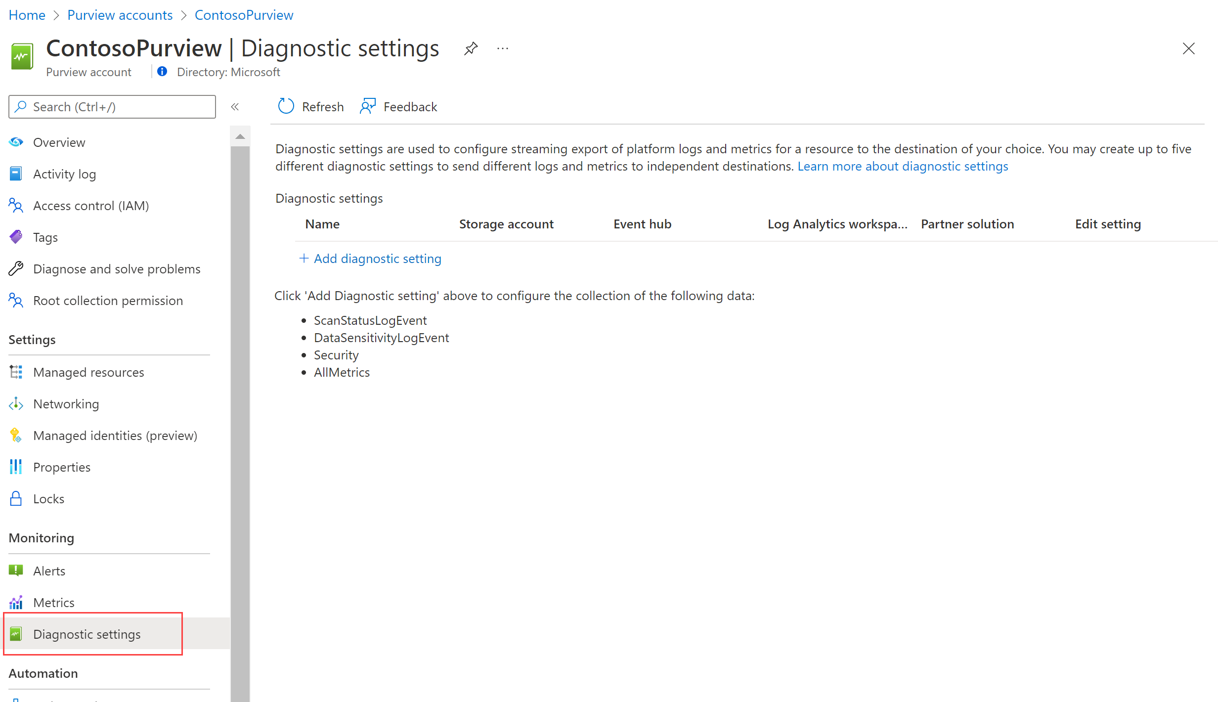 Screenshot: Seite „Diagnoseeinstellungen“ im Microsoft Purview-Konto