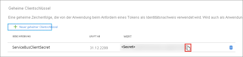 Screenshot showing the Client secrets section with the secret you added.