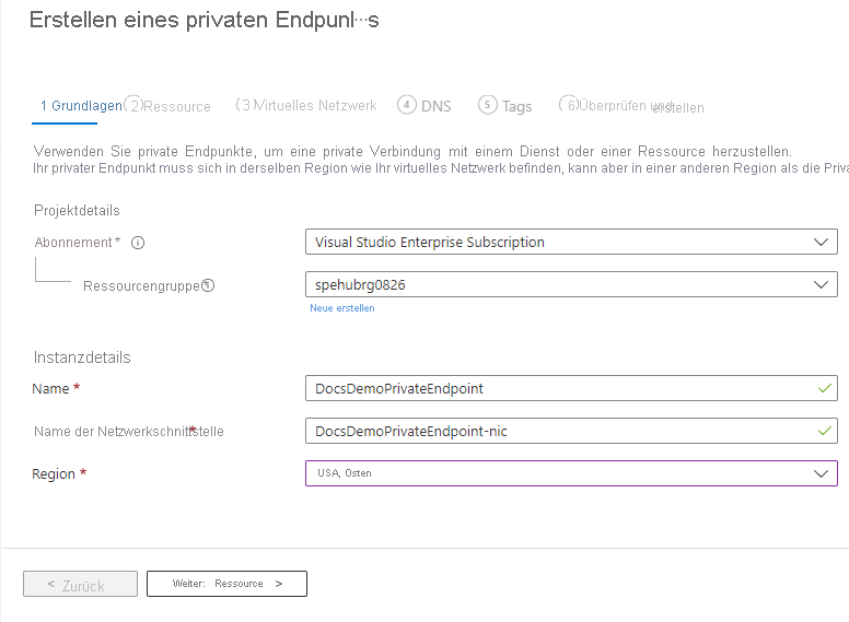 Screenshot: Seite „Grundlagen“ des Assistenten zum Erstellen eines privaten Endpunkts.
