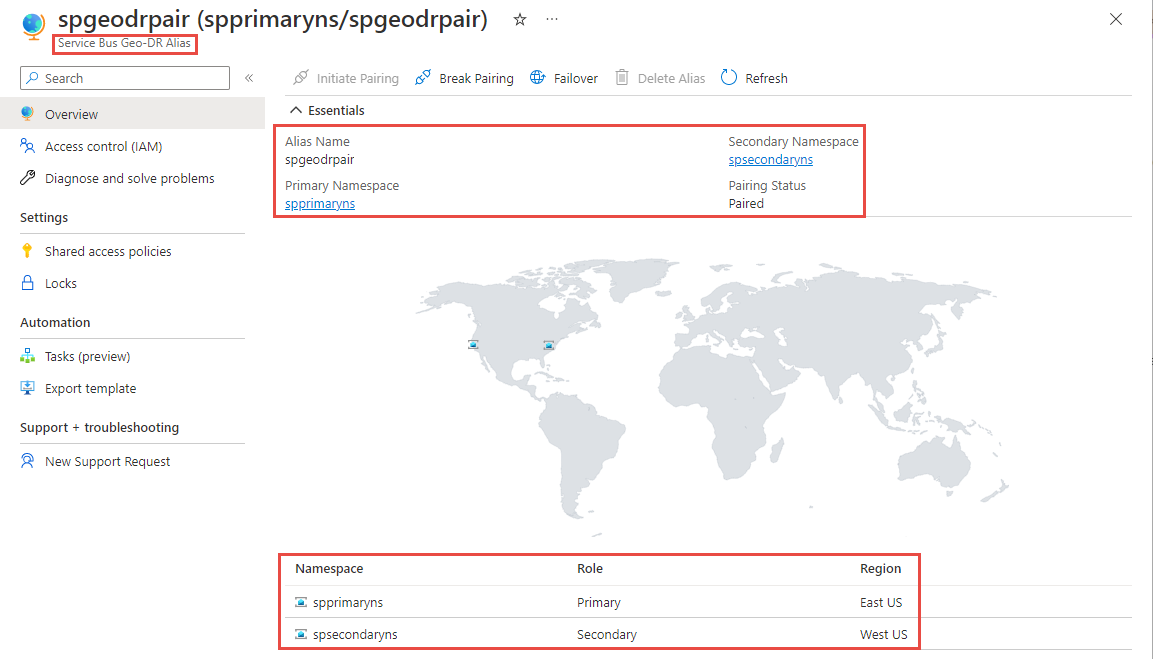 Screenshot: Seite „Service Bus Geo-DR-Alias“ mit primären und sekundären Namespaces.