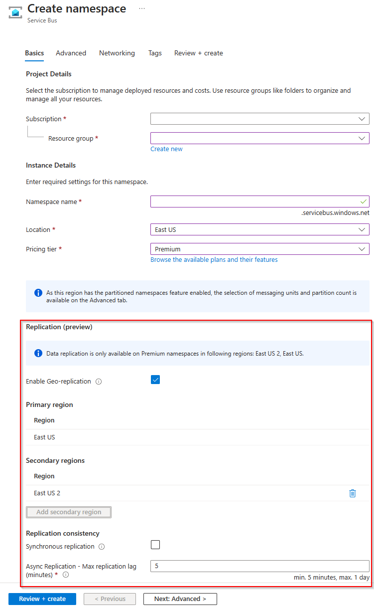 Screenshot: Option „Namespace erstellen“ mit aktivierter Georeplikation