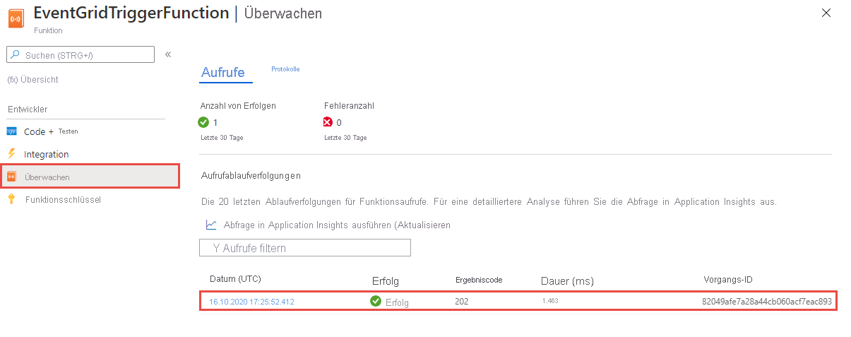 Seite „Überwachen“ für die Funktion nach Aufrufen