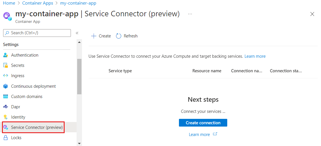 Screenshot des Microsoft Azure-Portal, Auswahl von Service Connector und Erstellen einer neuen Verbindung.