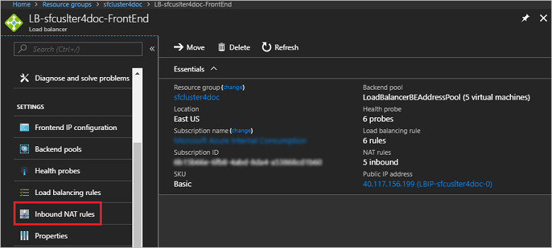 Screenshot einer Load Balancer-Seite im Azure-Portal. Im linken Menü ist unter EINSTELLUNGEN die Option „NAT-Regeln für eingehenden Datenverkehr“ ausgewählt.