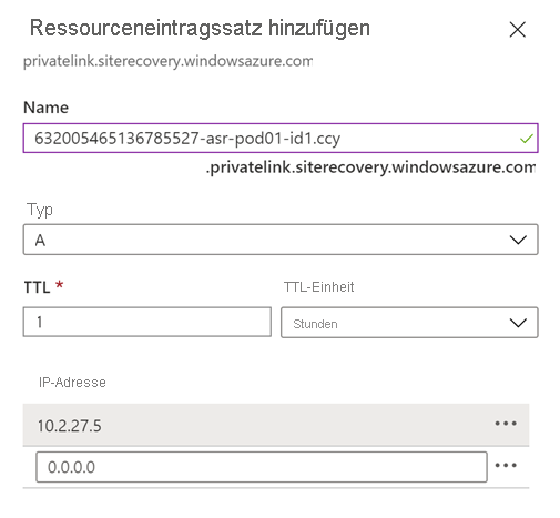 Seite zum Hinzufügen eines DNS-A-Eintrags für den vollqualifizierten Domänennamen zum privaten Endpunkt im Azure-Portal