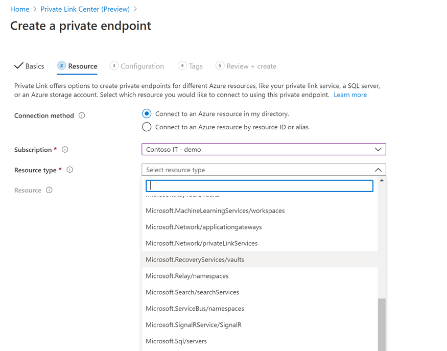 Registerkarte „Ressource“, Ressourcentyp, Ressource und untergeordnete Zielressource für die Verknüpfung mit einem privaten Endpunkt im Azure-Portal