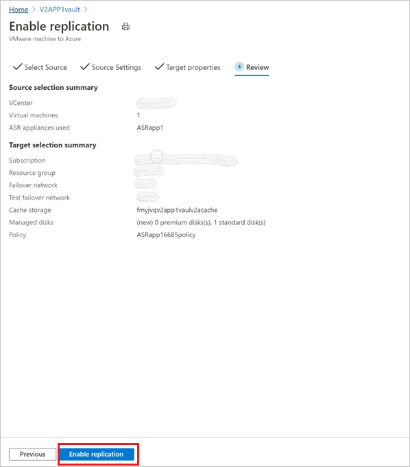 Screenshot: Option zum Aktivieren der Replikation für Azure-VMs.