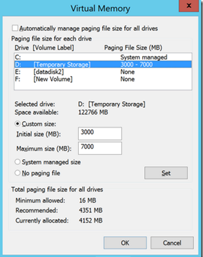 Einstellungen der Auslagerungsdatei auf dem virtuellen Azure-Computer