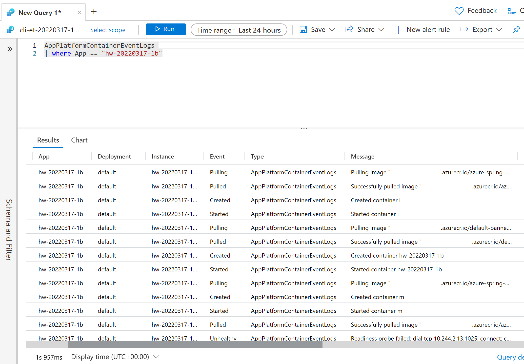 Screenshot des Azure Monitor, der das Containerereignisseprotokoll anzeigt.