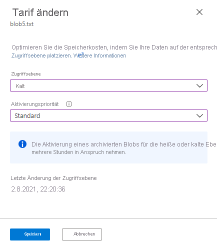 Screenshot showing how to rehydrate a blob from the archive tier in the Azure portal. 