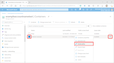 Screenshot showing how to access container stored access policy settings in the Azure portal.