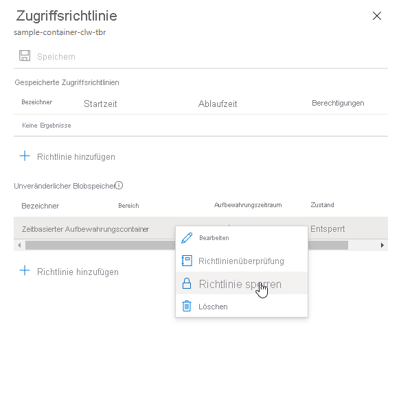 Screenshot: Sperren einer zeitbasierten Aufbewahrungsrichtlinie im Azure-Portal