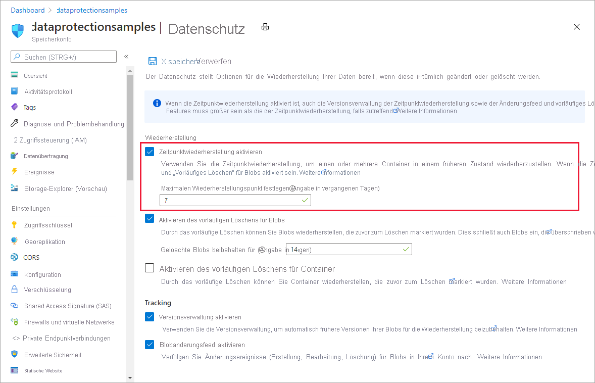 Screenshot des Konfigurierens der Point-in-Time-Wiederherstellung im Azure-Portal