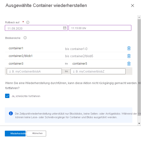 Screenshot der Wiederherstellung von Blobbereichen in einem oder mehreren Containern