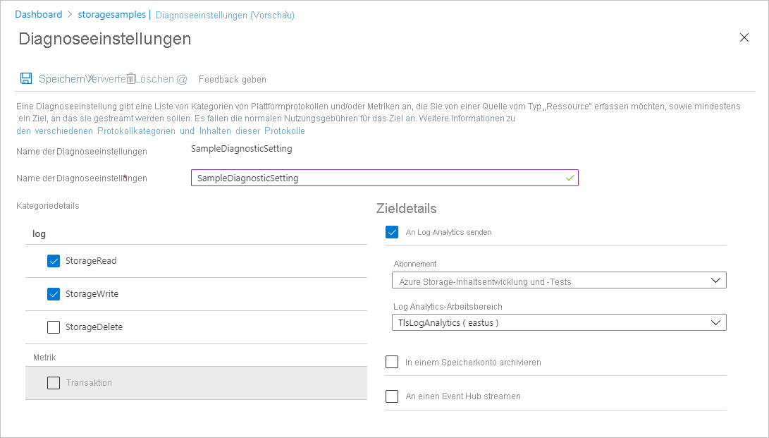 Screenshot: Erstellen einer Diagnoseeinstellung für die Protokollierung von Anforderungen