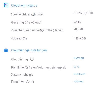 Screenshot showing cloud tiering status and settings summary.