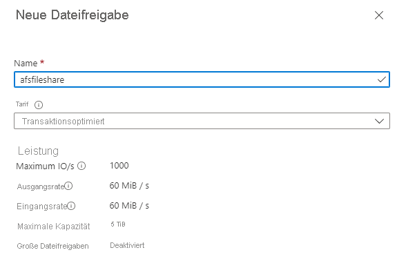 Screenshot: Erstellen einer neuen Dateifreigabe mithilfe des Azure-Portal