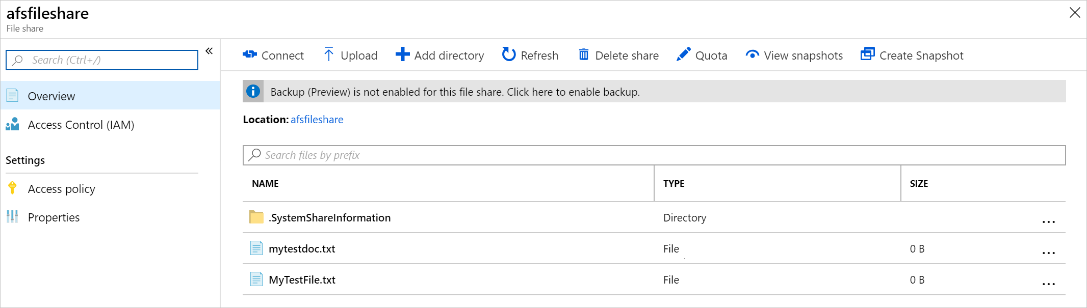 Screenshot: Erfolgreich synchronisierte Dateien in einer Azure-Dateifreigabe