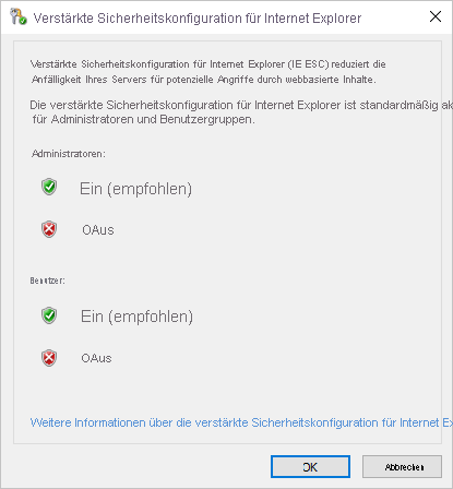 Screenshot: Das Popupfenster „Verstärkte Sicherheitskonfiguration für Internet Explorer“, in dem „Aus“ ausgewählt ist